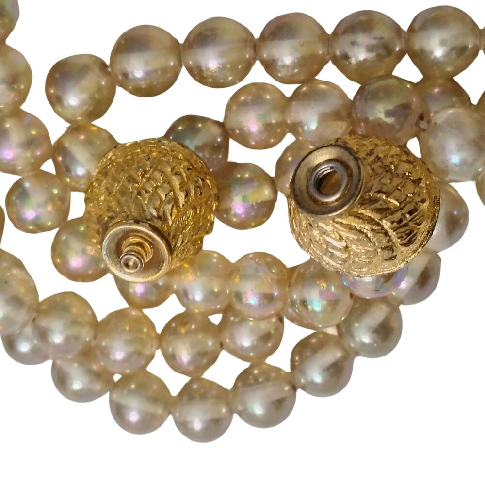 1960s Triple Strand Faux Champagne Pearl Choker Necklace Snap Clip Closure